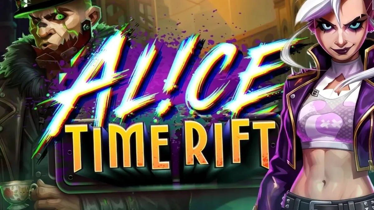 Tampilan visual slot Alice: Time Rift dengan nuansa steampunk yang gelap dan misterius