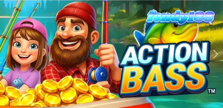 Tampilan visual slot Action Bass dengan latar belakang danau yang tenang